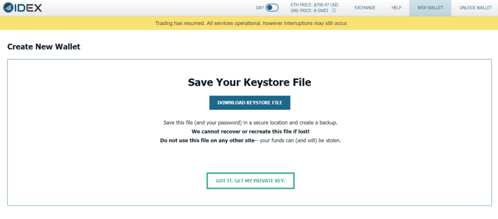 Clave privada y archivo keystore IDEX