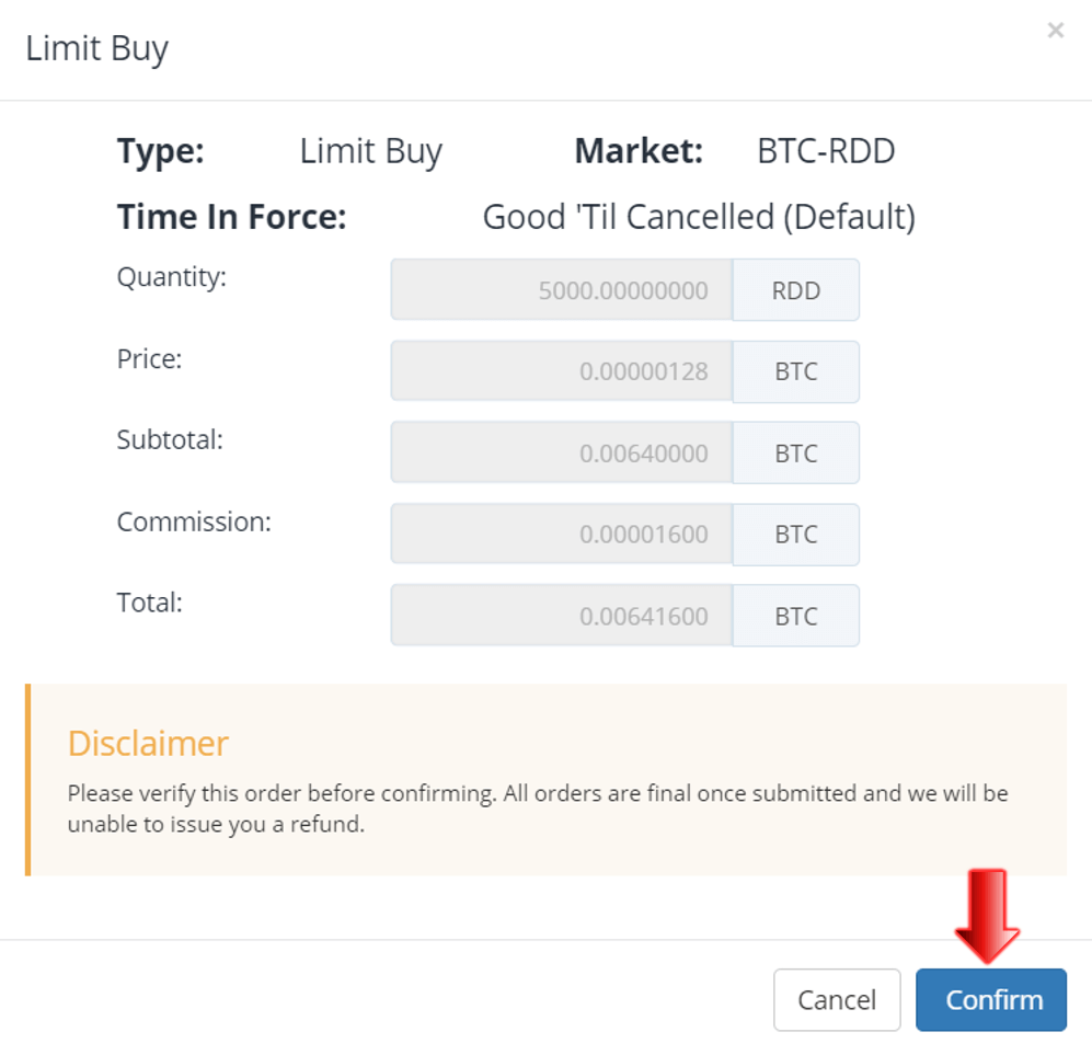 Confirmar orden Bittrex