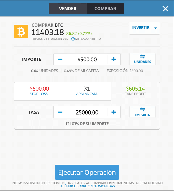 Comprar bitcoins en Uruguay con eToro: orden de ejemplo