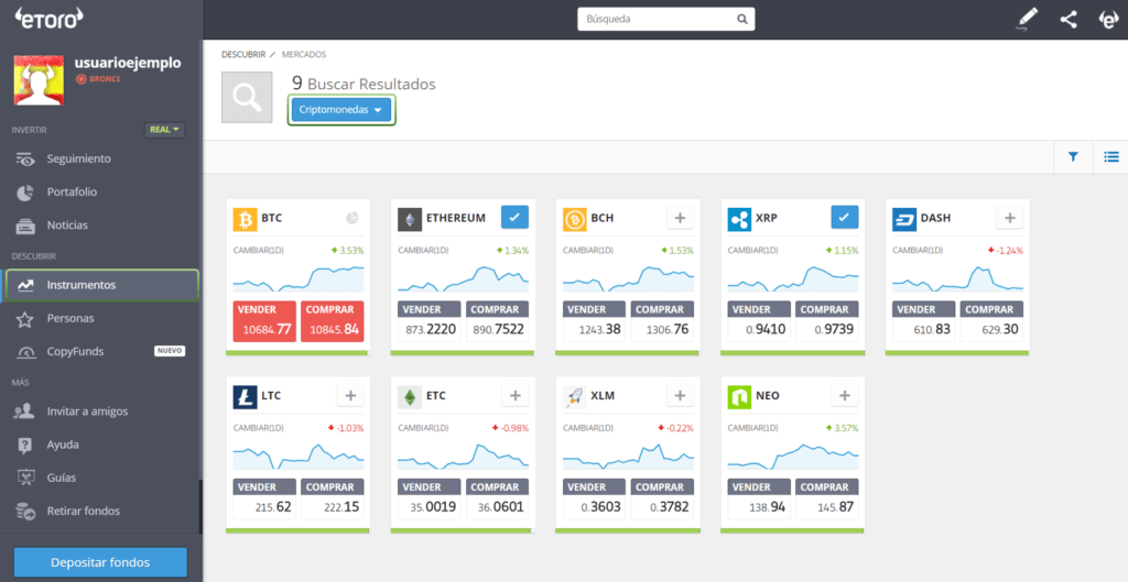 eToro lista de criptomonedas