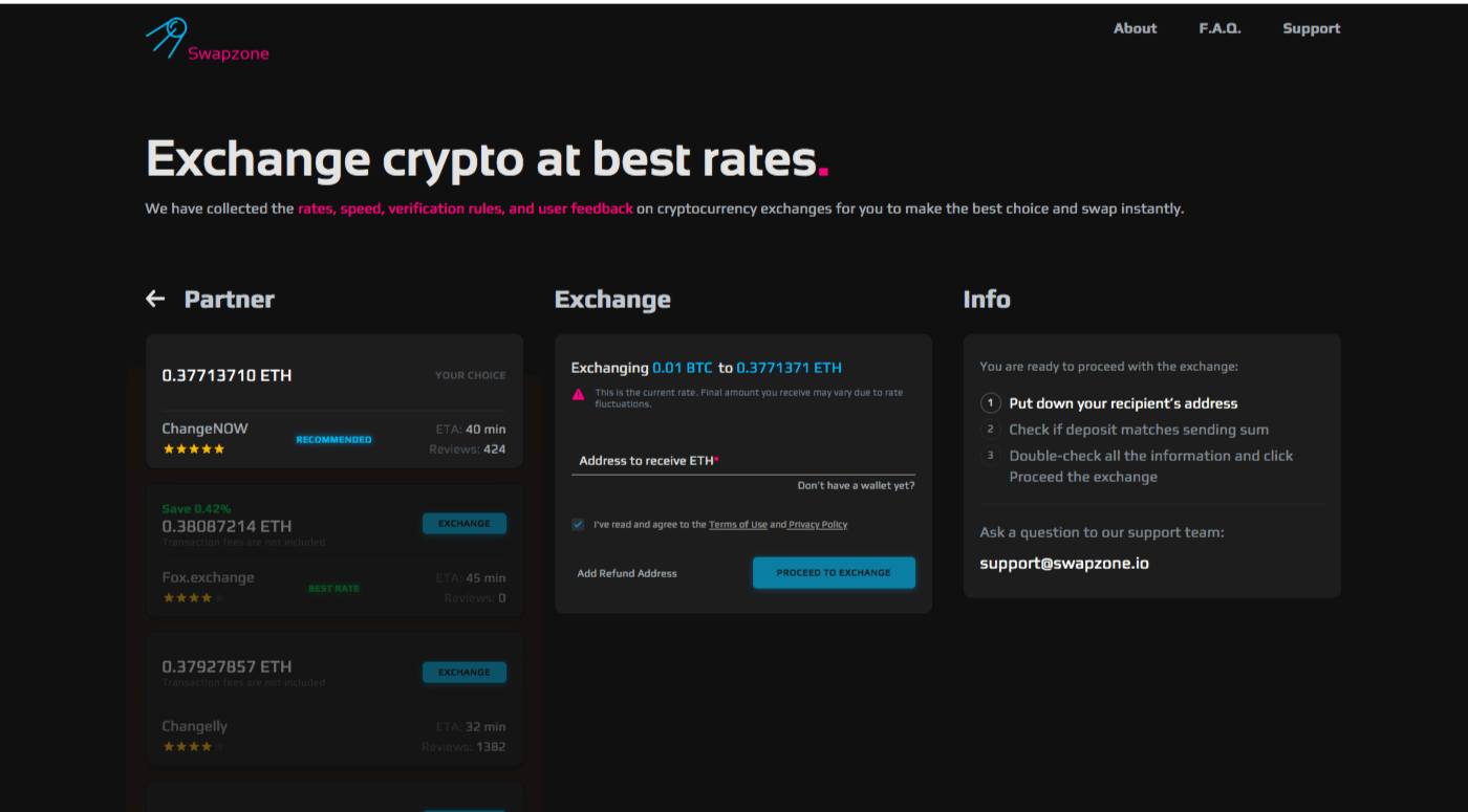 User interface Swapzone exchange