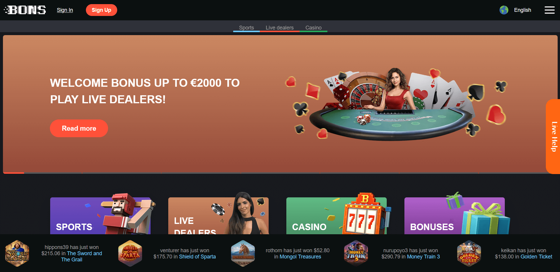 Bons casino website homepage with welcome bonus offer